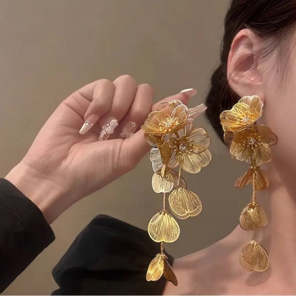 Gold Floral Chandelier Earrings with Dangling Discs - Picture 1 of 4